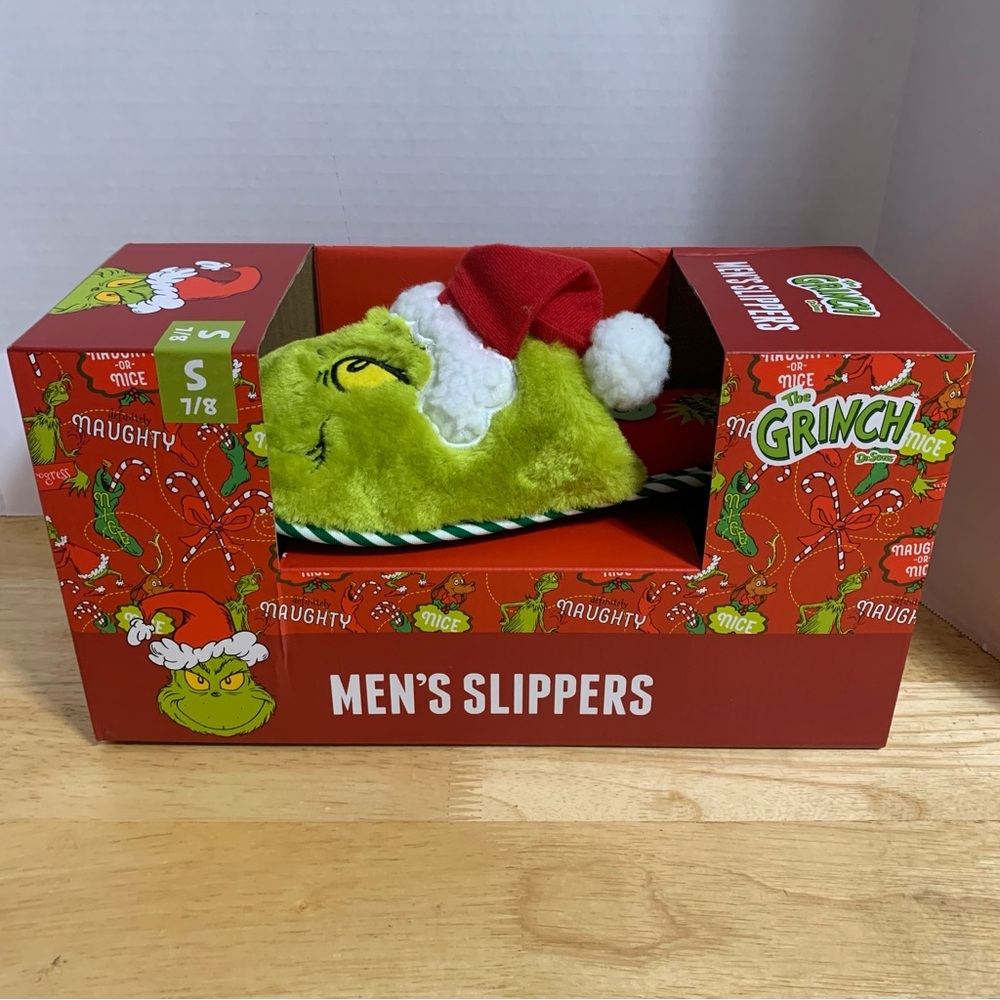 Dr Seuss Grinch Christmas Santa Hat Slippers Slides Men's‎ S 7/8 NEW